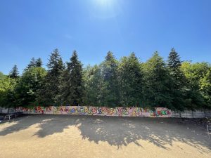 Fresque extérieure du DAMIER réalisée par les jeunes du DAMIER, avec des arbres verdoyants